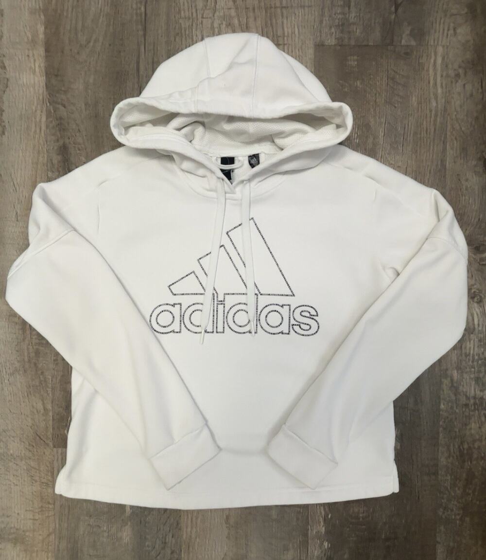 Adidas White Embroidered Graphic Logo Pullover Hoodie Sweatshirt Women’s Size S